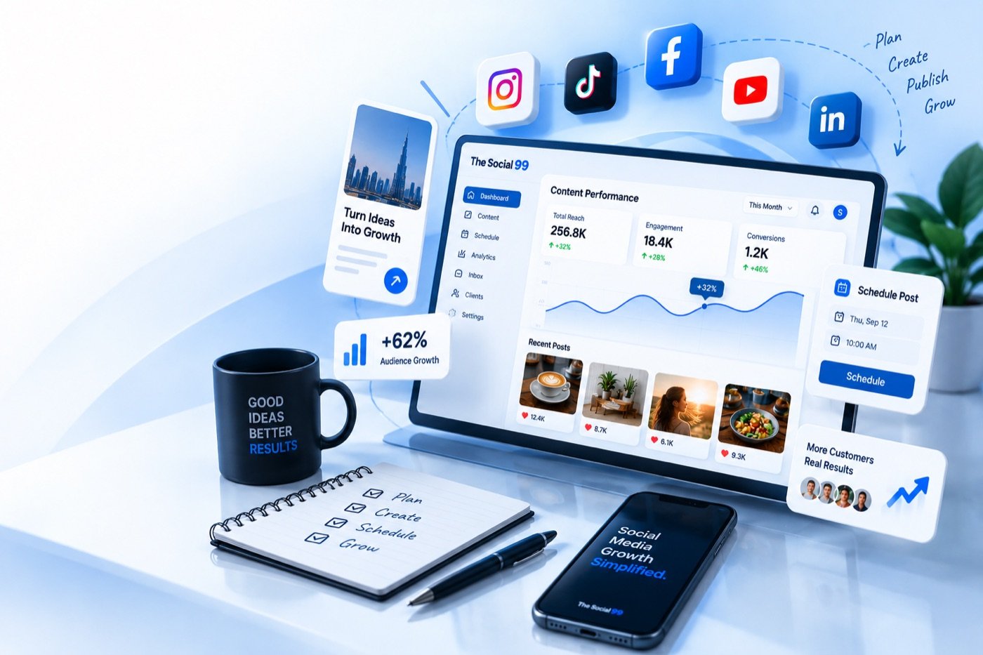 The Social 99 dashboard showing content performance, scheduled posts and audience growth for a small business