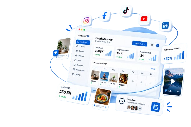 Hello Social 99 dashboard showing content calendar, reach and engagement stats across Instagram, Facebook, TikTok, YouTube and LinkedIn